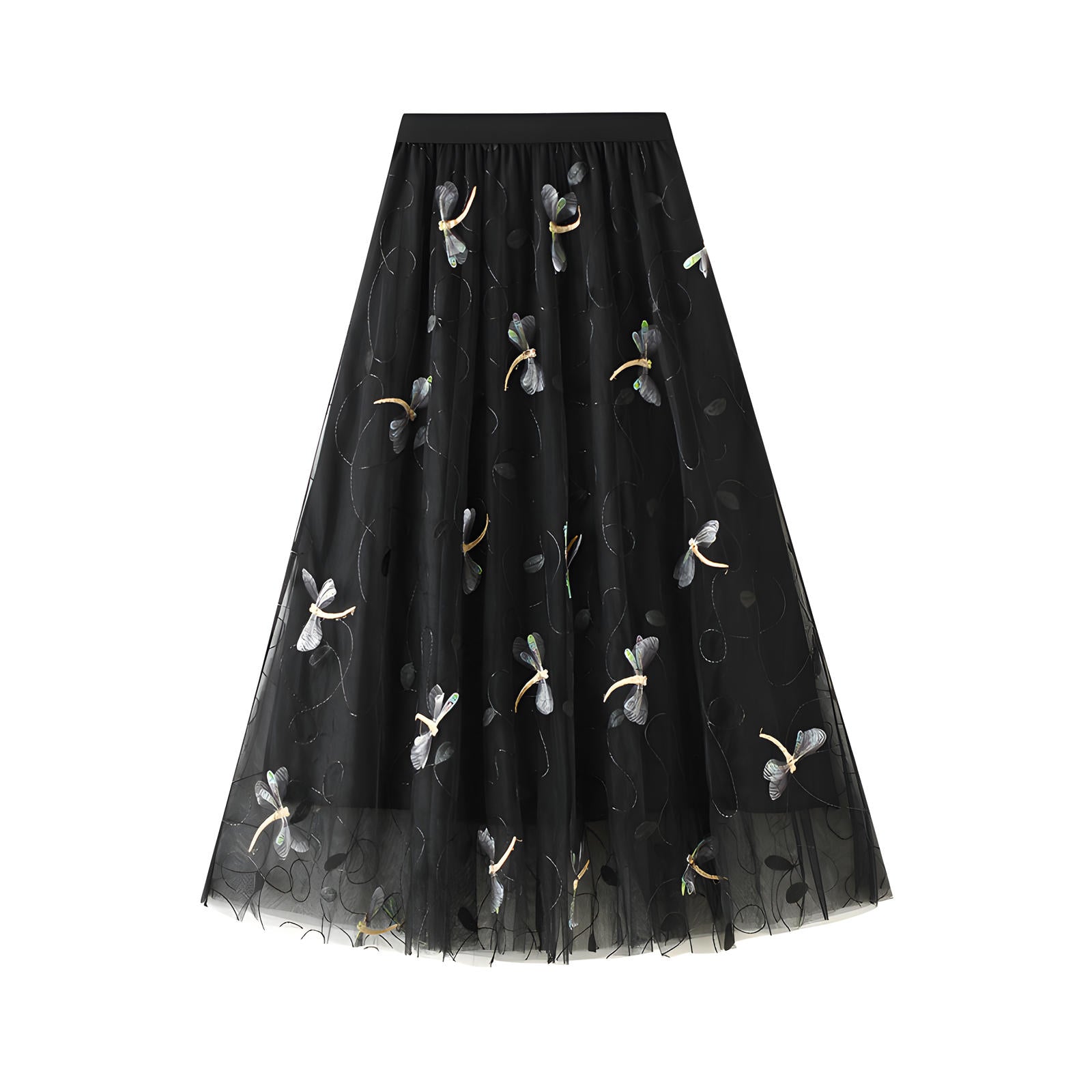 Dragonfly Embellished Floral Embroidery Mesh Black Skirt - 1810_BLA