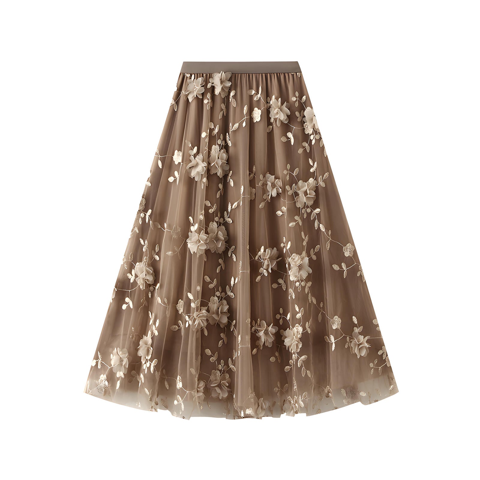 Flower Embellished and Embroidered Mesh A-Line Skirt With Satin Lining - 8692_KHAKI