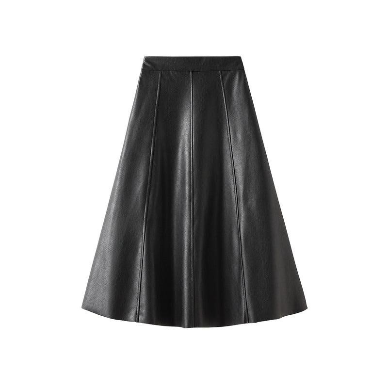 A-Line PU Leather Brown Umbrella Skirt - Q801_BLACK