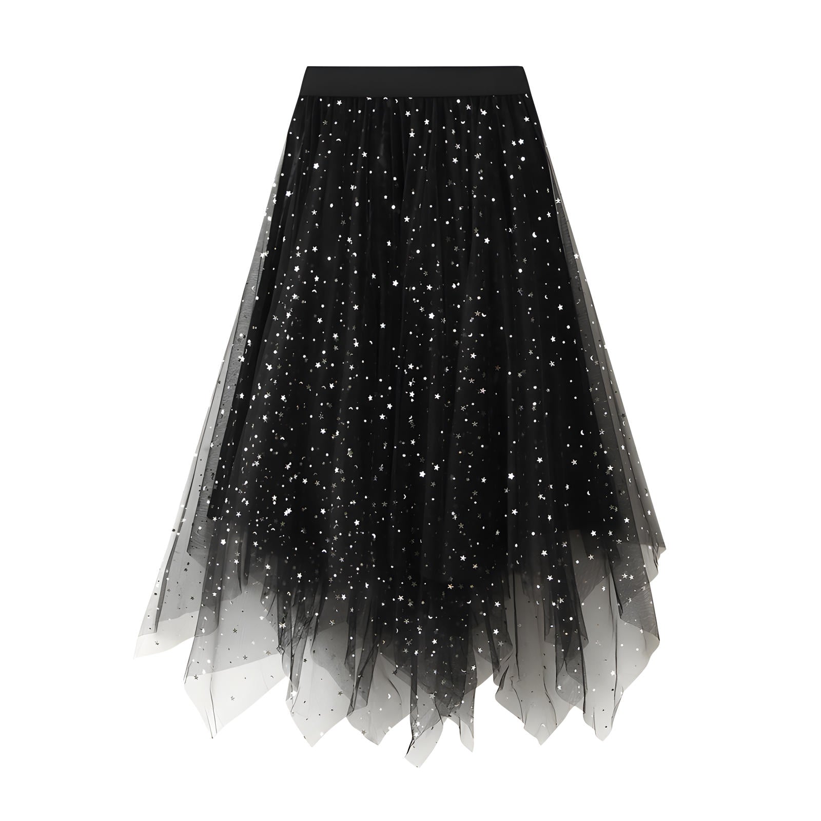 Fluffy Star Sequin Irregular Mesh And Velvet Skirt - 0310_BLACK