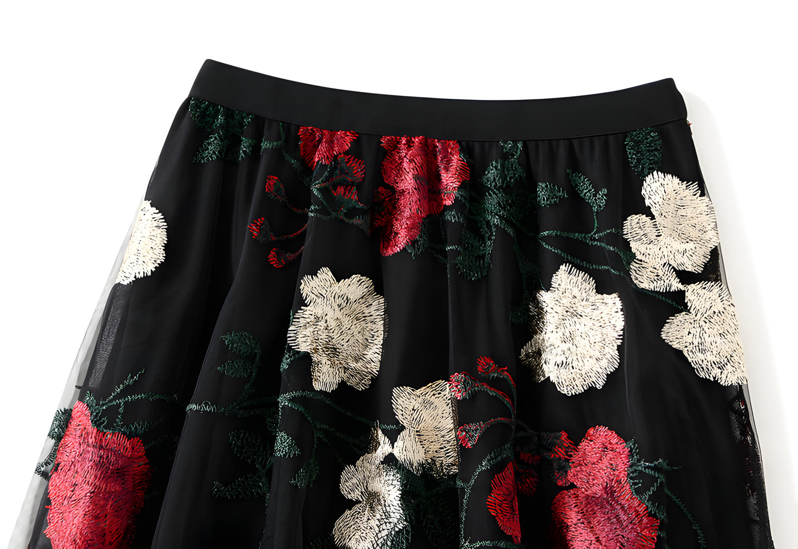 Luxury French Floral Embroidery Mesh Multilayer Black Skirt - 9803_BLA