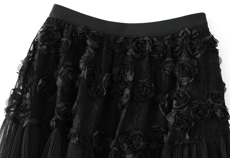 Parisian Bloom 3D Rose Mesh A-Line Skirt - 2165_BLACK