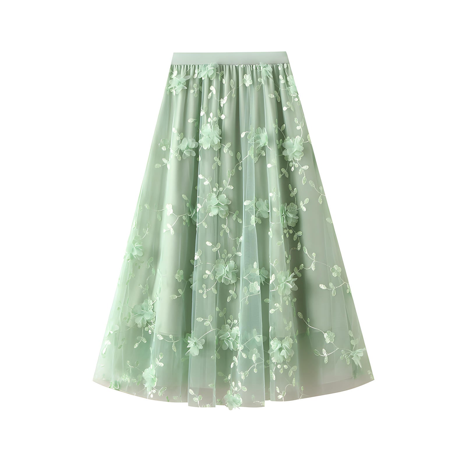 Flower Embellished and Embroidered Mesh A-Line Skirt With Satin Lining - 8692_GREEN