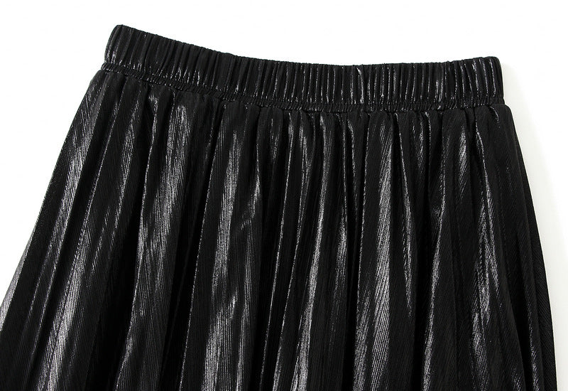 Metallic Color Accordion Pleats Party Wear Skirt - 0317_BLACK