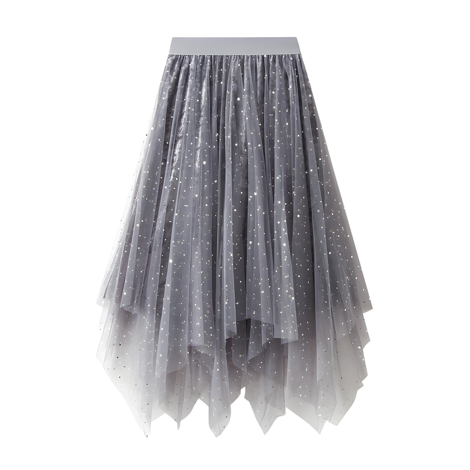 Fluffy Star Sequin Irregular Mesh And Velvet Skirt - 0310_GREY