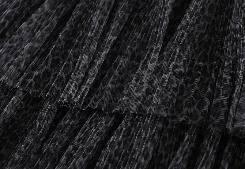 Leopard Print Multitier Mesh A-Line Black and Grey Skirt - 5029_GREY