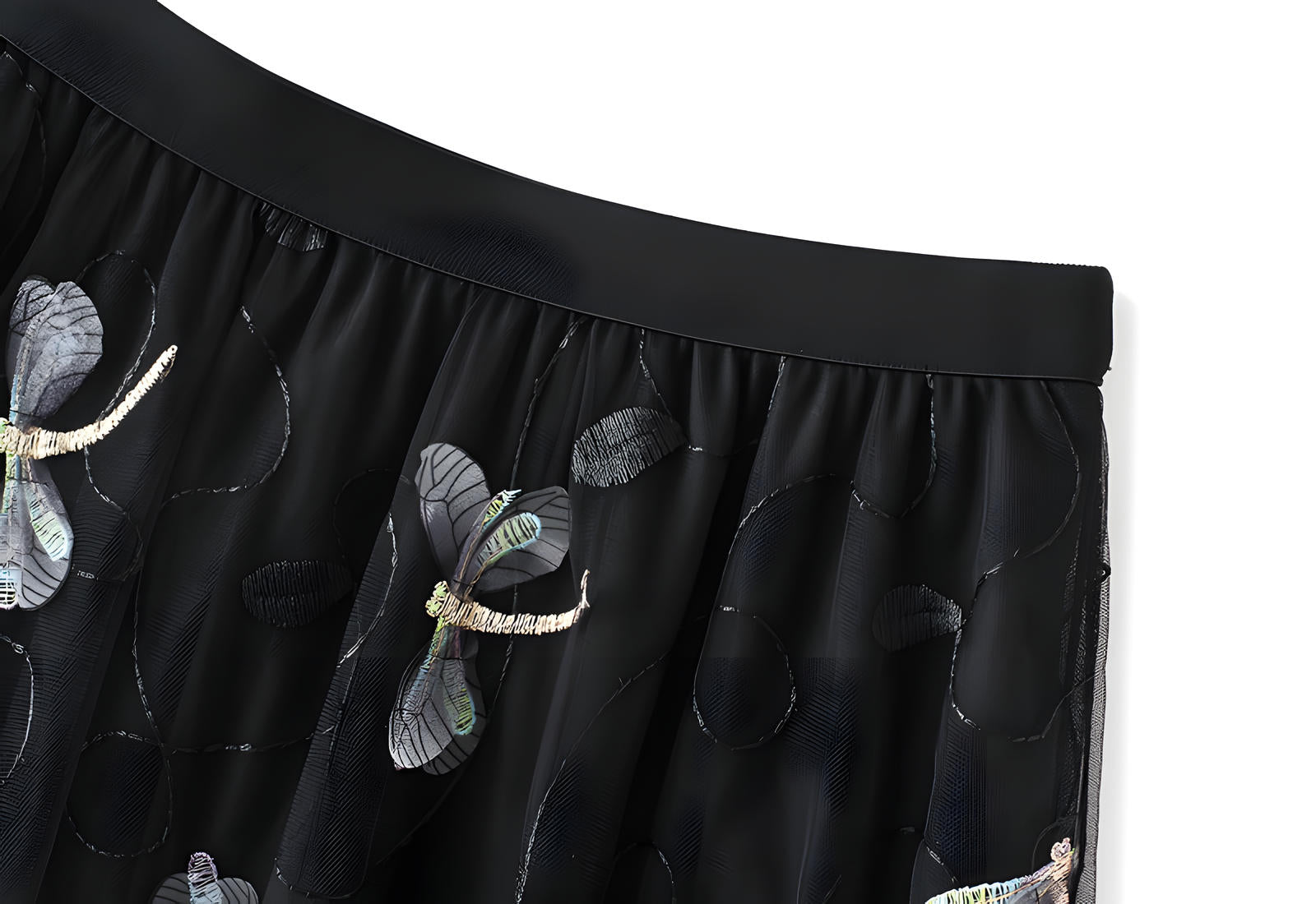 Dragonfly Embellished Floral Embroidery Mesh Black Skirt - 1810_BLA