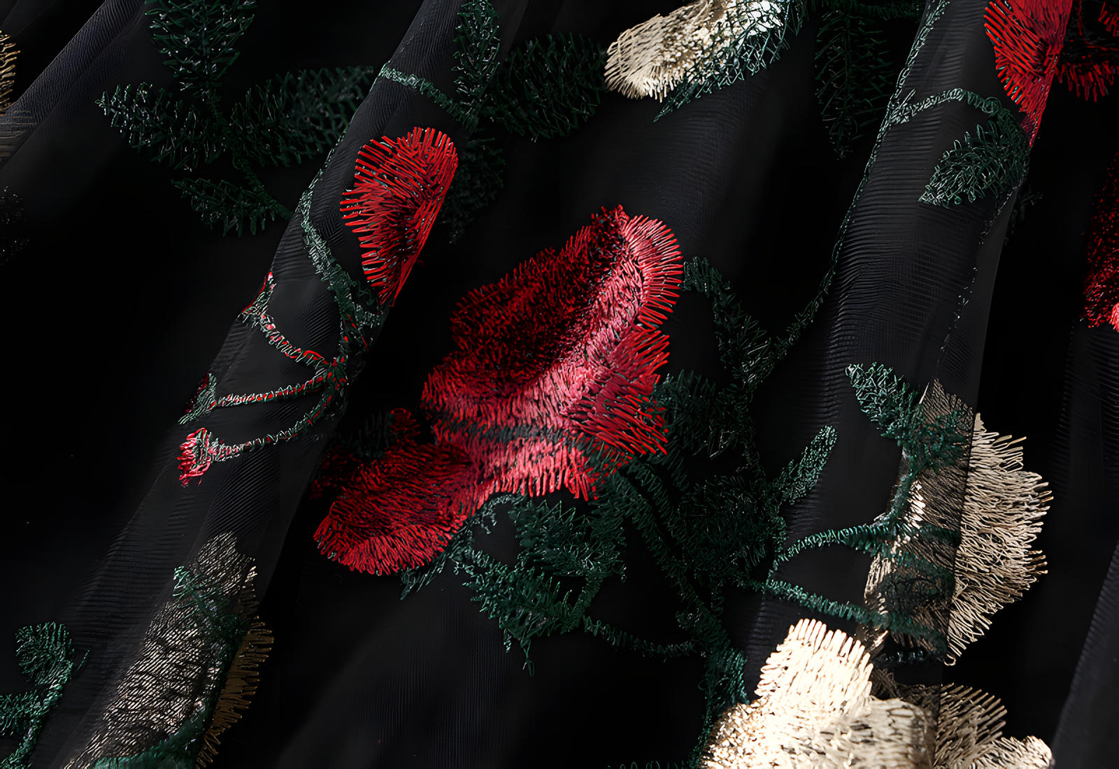 Luxury French Floral Embroidery Mesh Multilayer Black Skirt - 9803_BLA