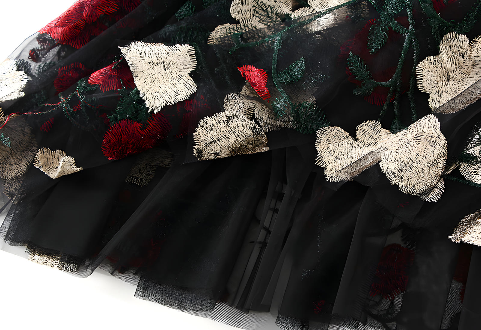 Luxury French Floral Embroidery Mesh Multilayer Black Skirt - 9803_BLA