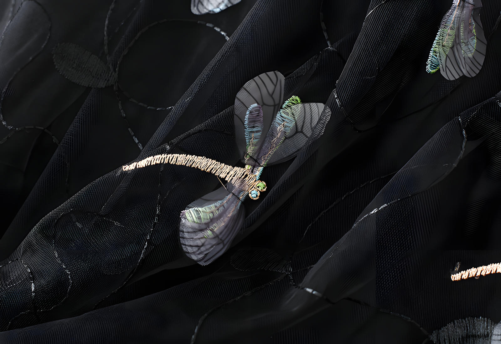 Dragonfly Embellished Floral Embroidery Mesh Black Skirt - 1810_BLA