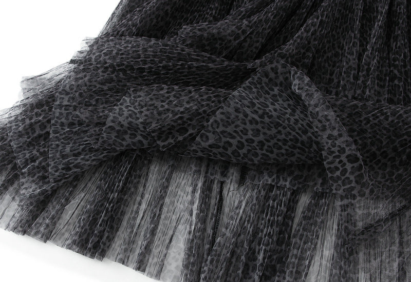 Leopard Print Multitier Mesh A-Line Black and Grey Skirt - 5029_GREY