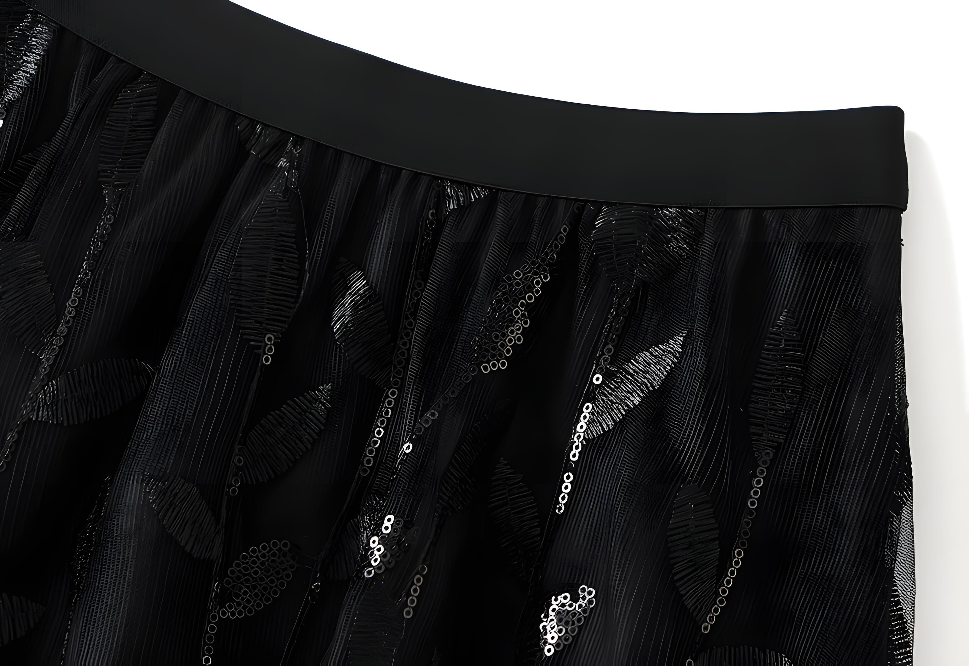 Multilayer Mesh A-Line Skirt With Glittering Leaf Embroidery - 1888_BLACK