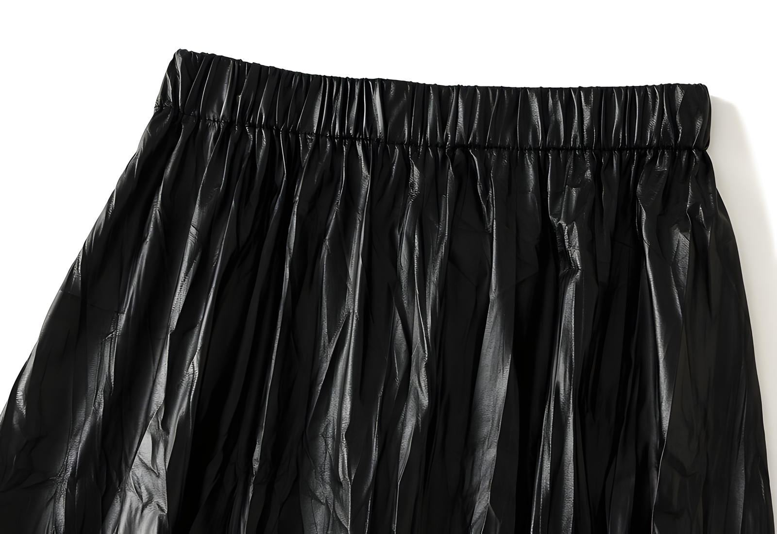 A-Line Crushed Look PU Leather Pleated Black Skirt - 8912_BLA