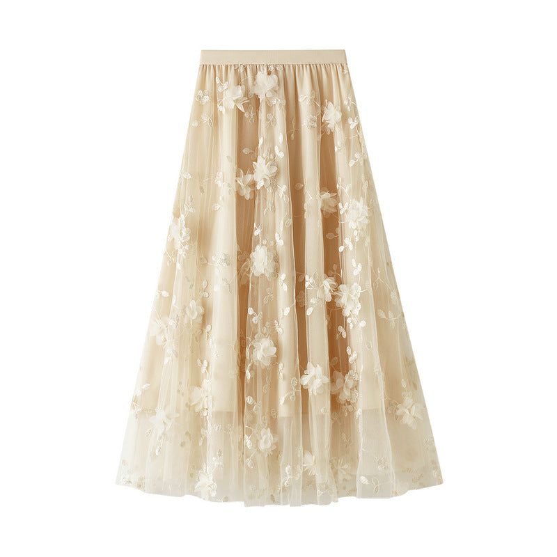 Flower Embellished and Embroidered Mesh A-Line Skirt With Satin Lining - 8692_APRICOT