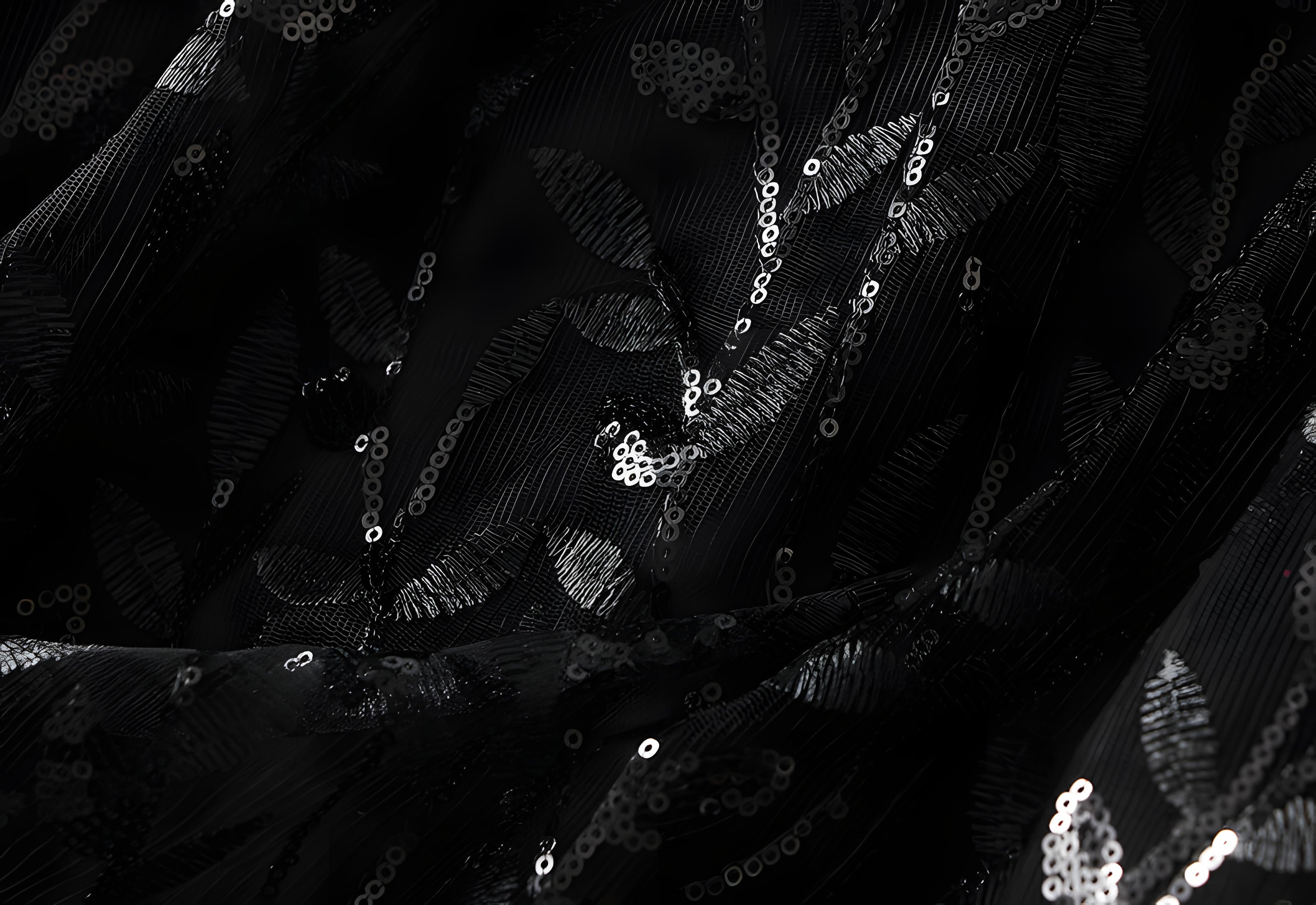 Multilayer Mesh A-Line Skirt With Glittering Leaf Embroidery - 1888_BLACK