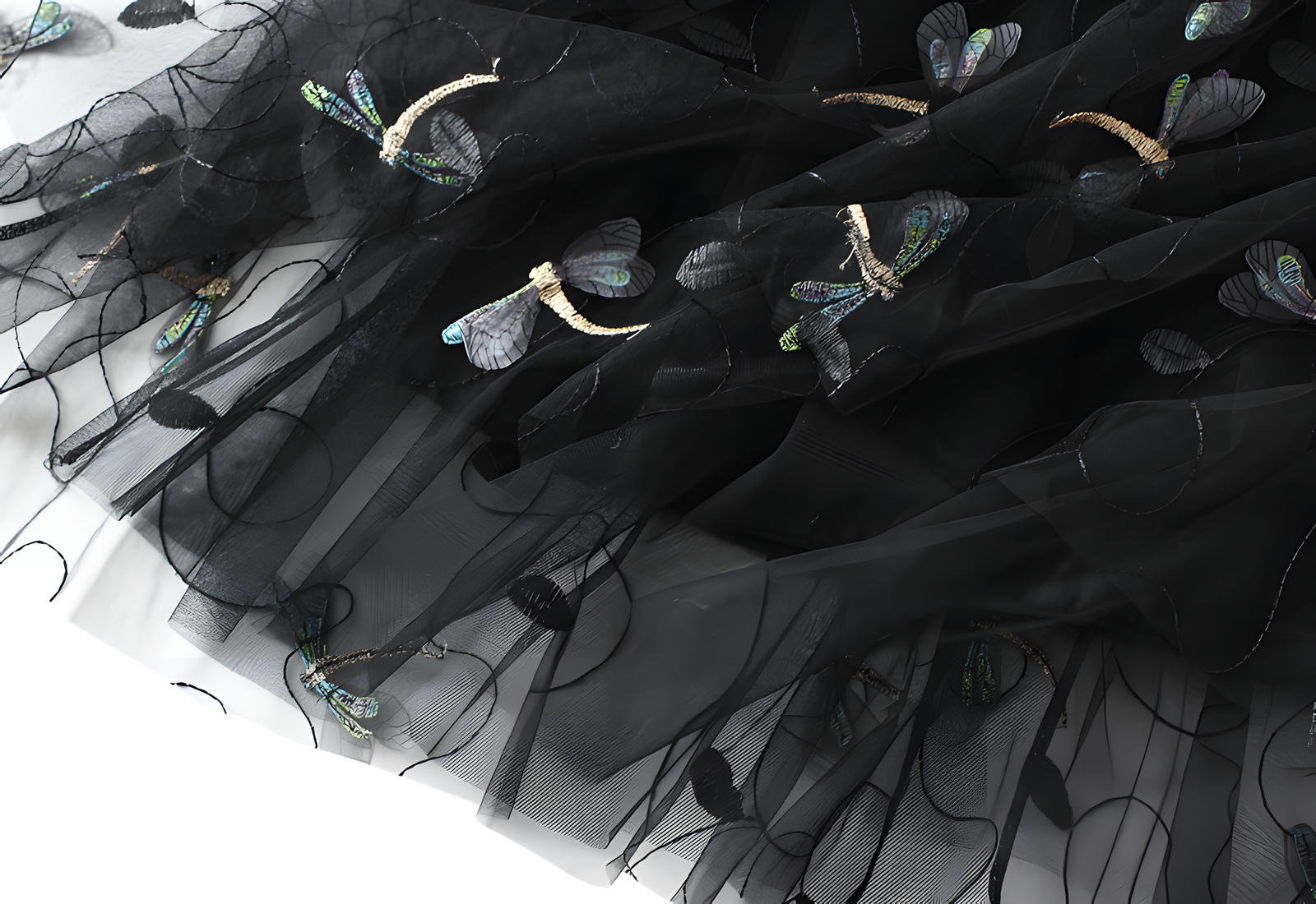 Dragonfly Embellished Floral Embroidery Mesh Black Skirt - 1810_BLA