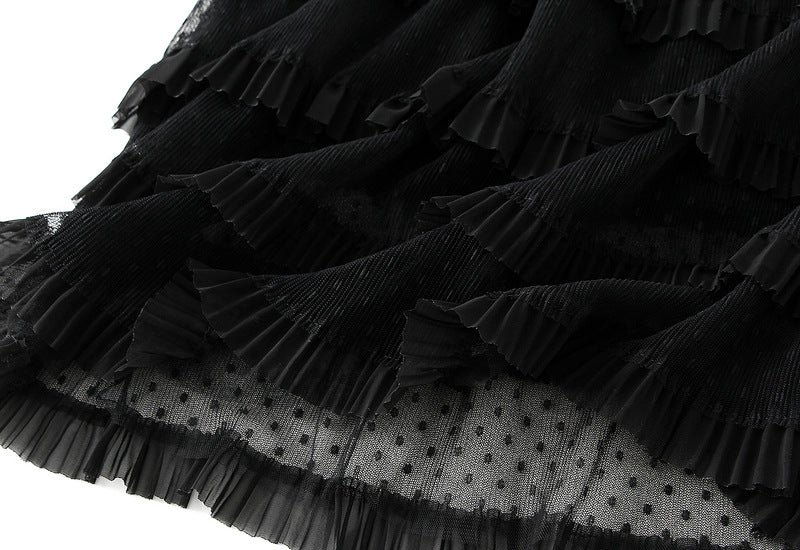 Vintage Charm Polka Dot Tiered Mesh Skirt - D808_BLACK