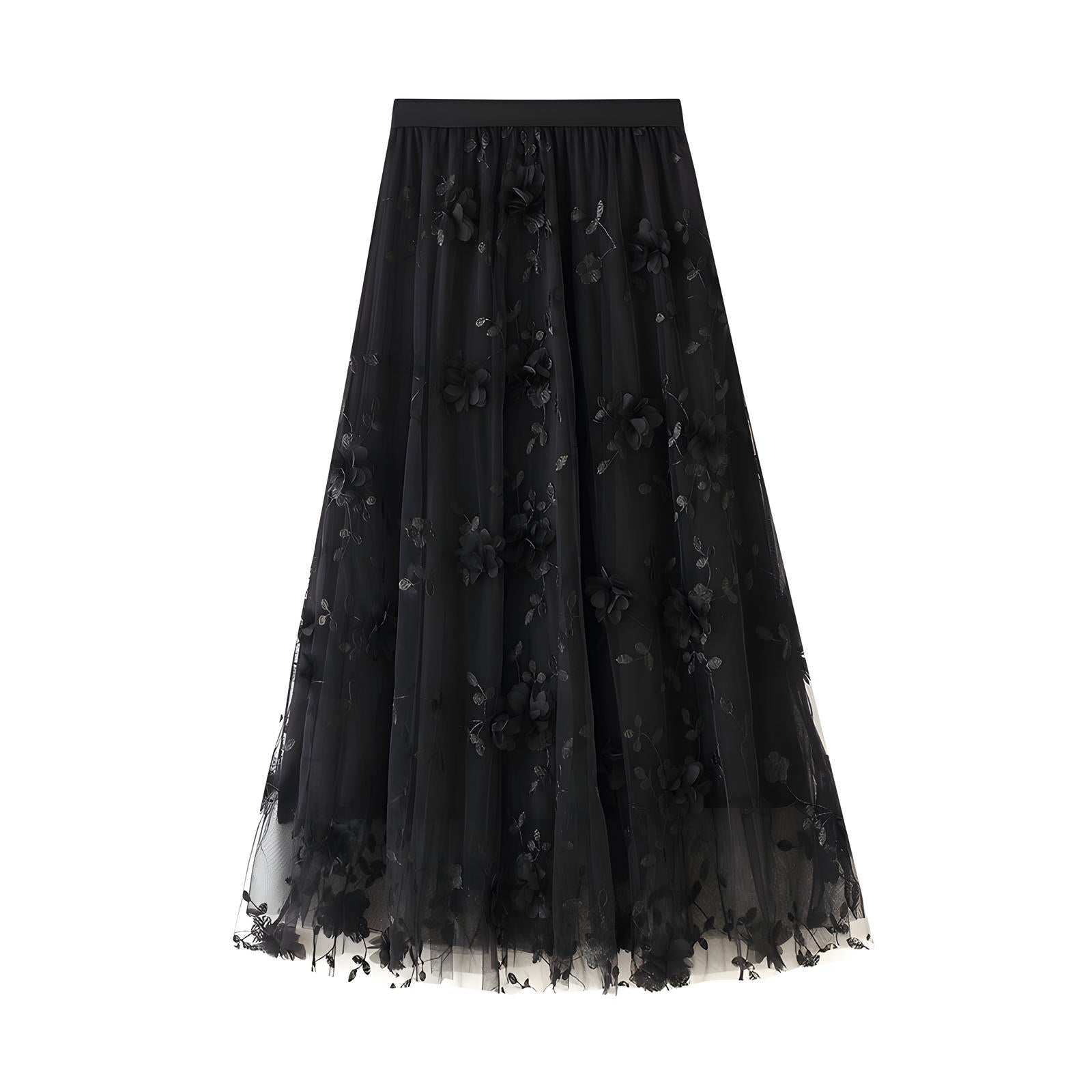 Flower Embellished and Embroidered Mesh A-Line Skirt With Satin Lining - 8692_BLACK