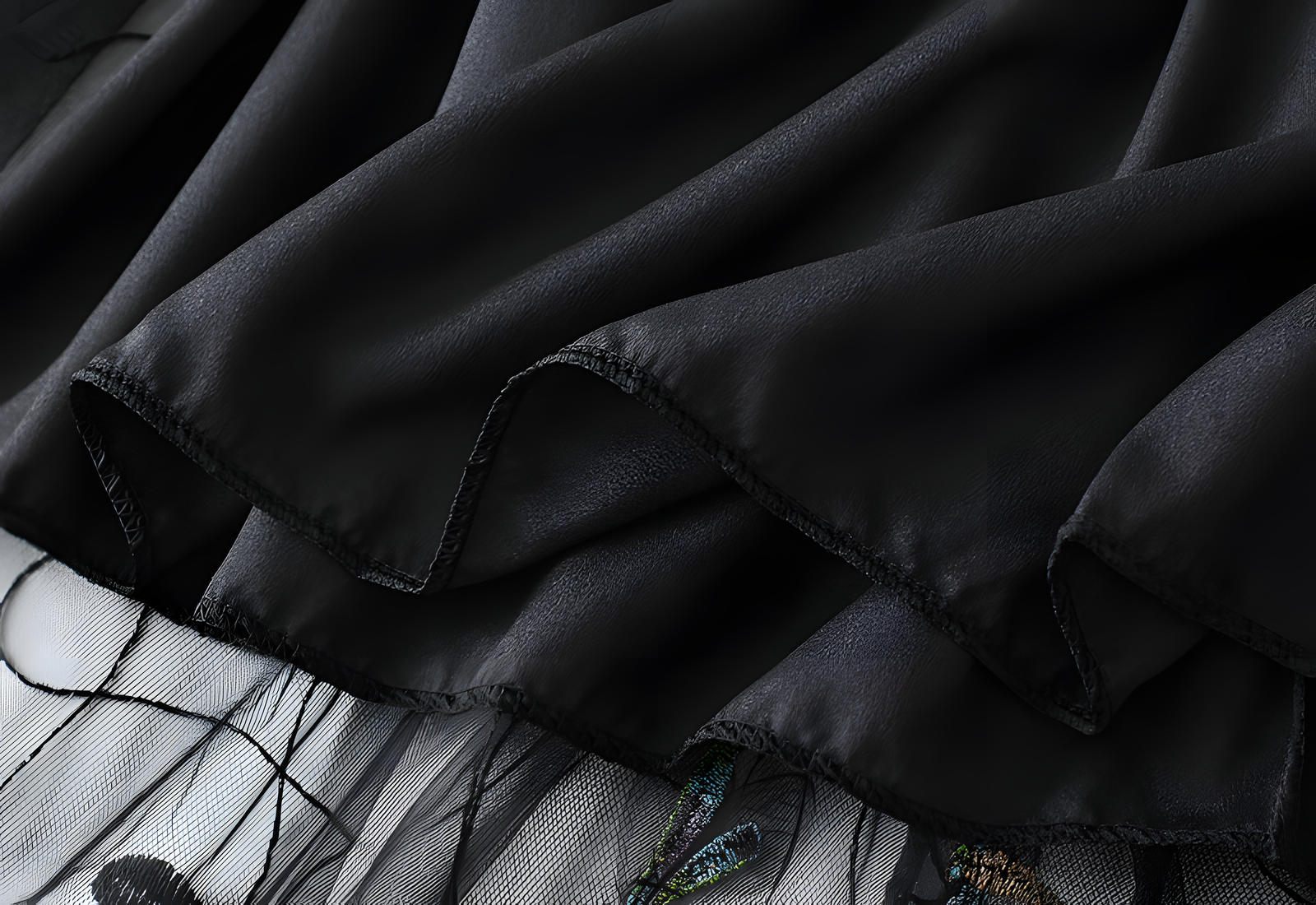 Dragonfly Embellished Floral Embroidery Mesh Black Skirt - 1810_BLA