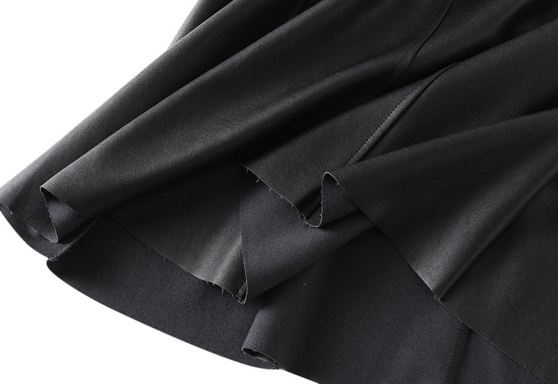 A-Line PU Leather Brown Umbrella Skirt - Q801_BLACK