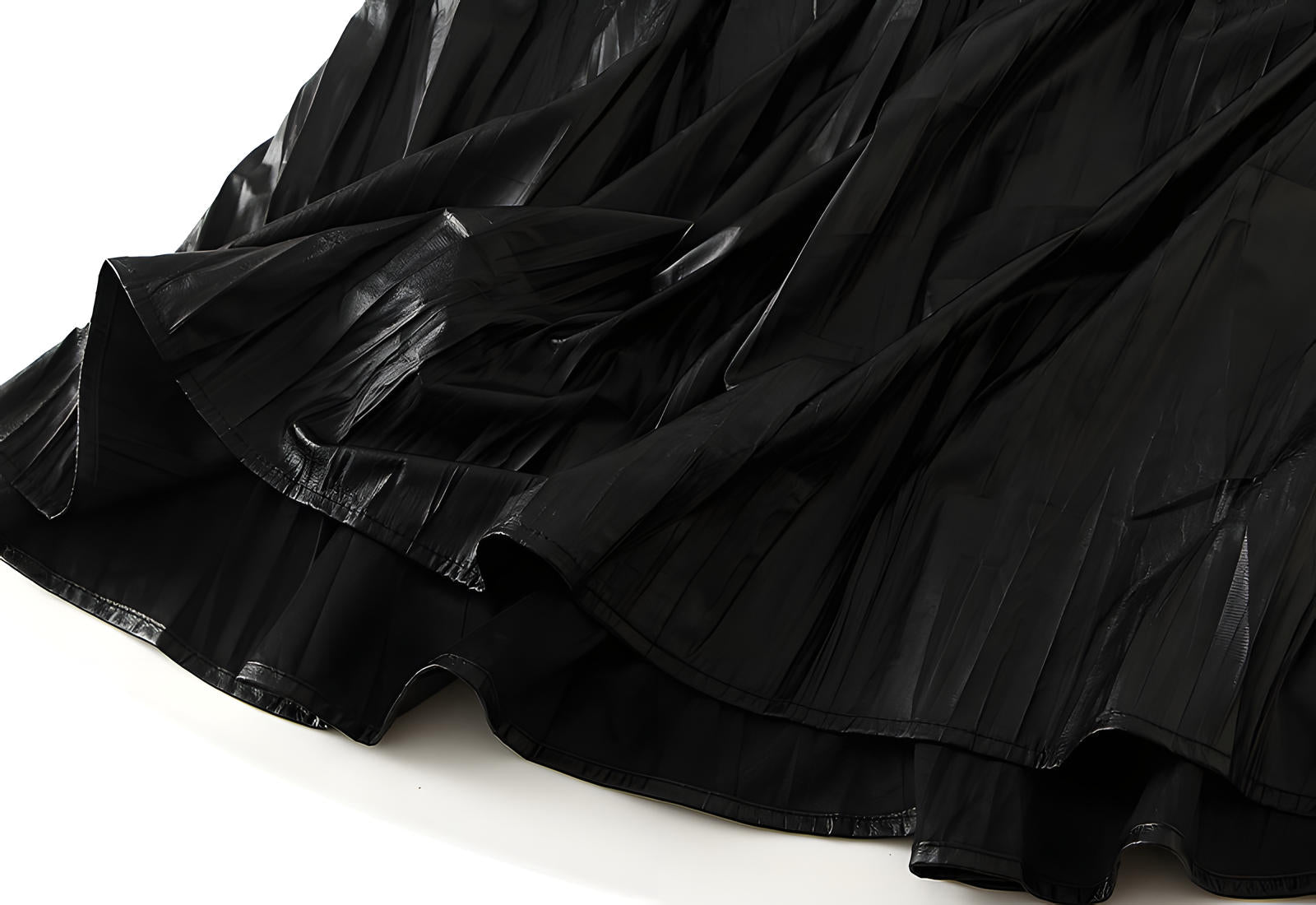A-Line Crushed Look PU Leather Pleated Black Skirt - 8912_BLA