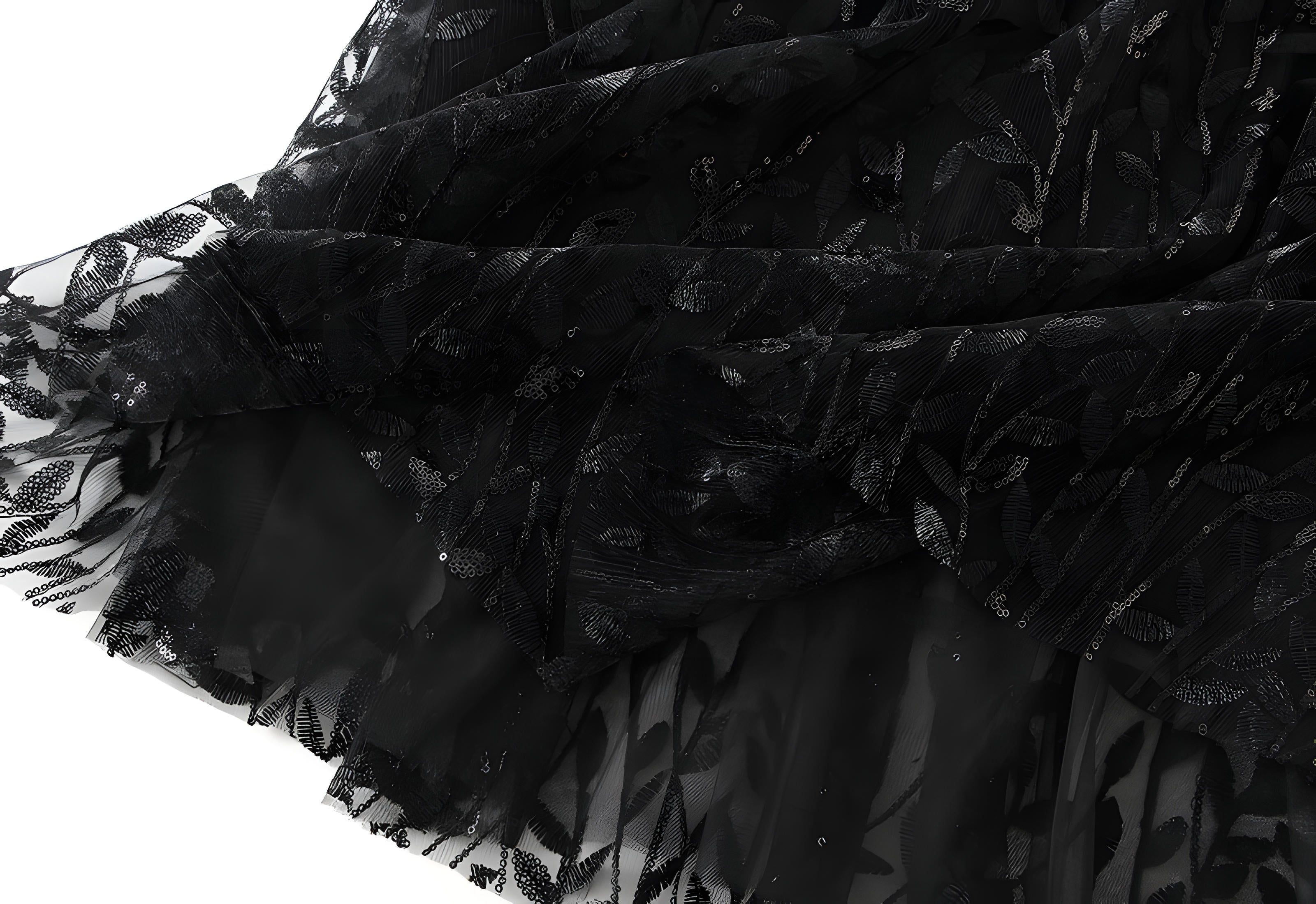 Multilayer Mesh A-Line Skirt With Glittering Leaf Embroidery - 1888_BLACK