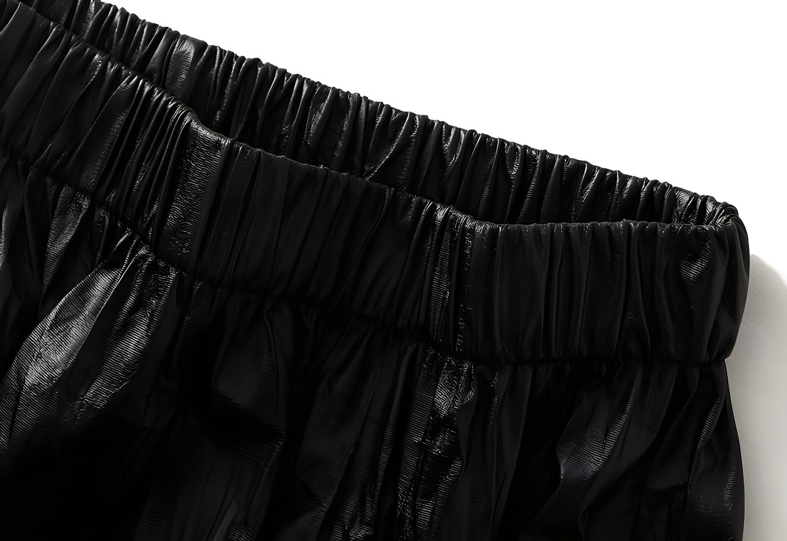 A-Line Crushed Look PU Leather Pleated Black Skirt - 8912_BLA