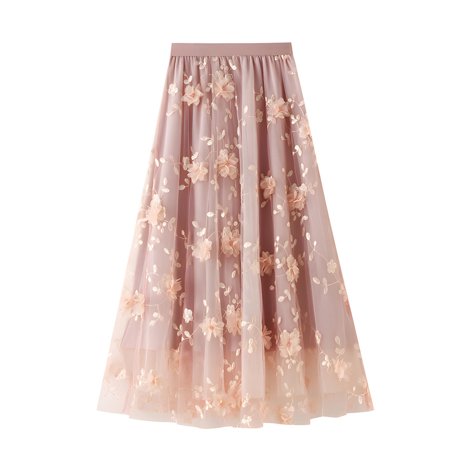 Flower Embellished and Embroidered Mesh A-Line Skirt With Satin Lining - 8692_PINK