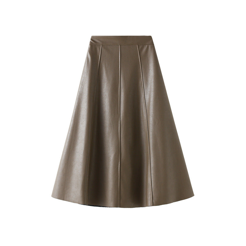 A-Line PU Leather Brown Umbrella Skirt - Q801_KHAKI