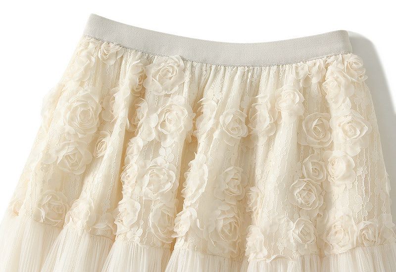 Parisian Bloom 3D Rose Mesh A-Line Skirt - 2165_APRICOT