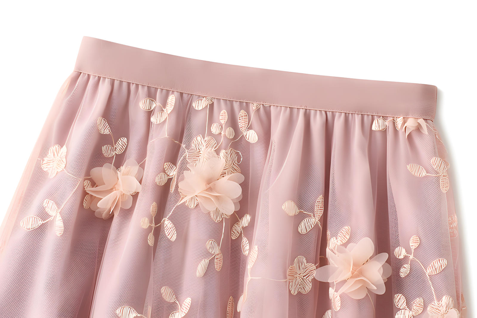 Flower Embellished and Embroidered Mesh A-Line Skirt With Satin Lining - 8692_PINK