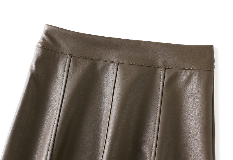 A-Line PU Leather Brown Umbrella Skirt - Q801_KHAKI