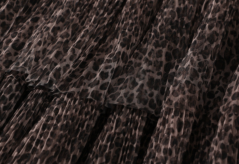 Leopard Print Multitier Mesh A-Line Brown Skirt - 5029_BROWN