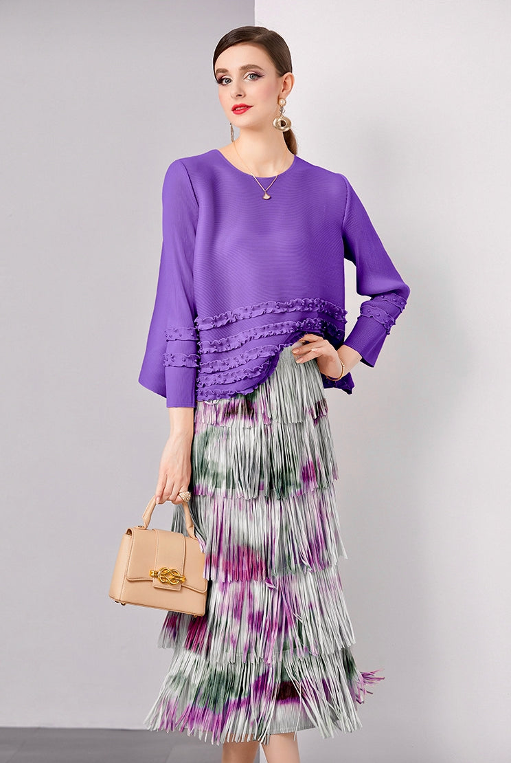 Lavender Mist Fringe Skirt With Tie And Dye Printing - 792614816517_PUR
