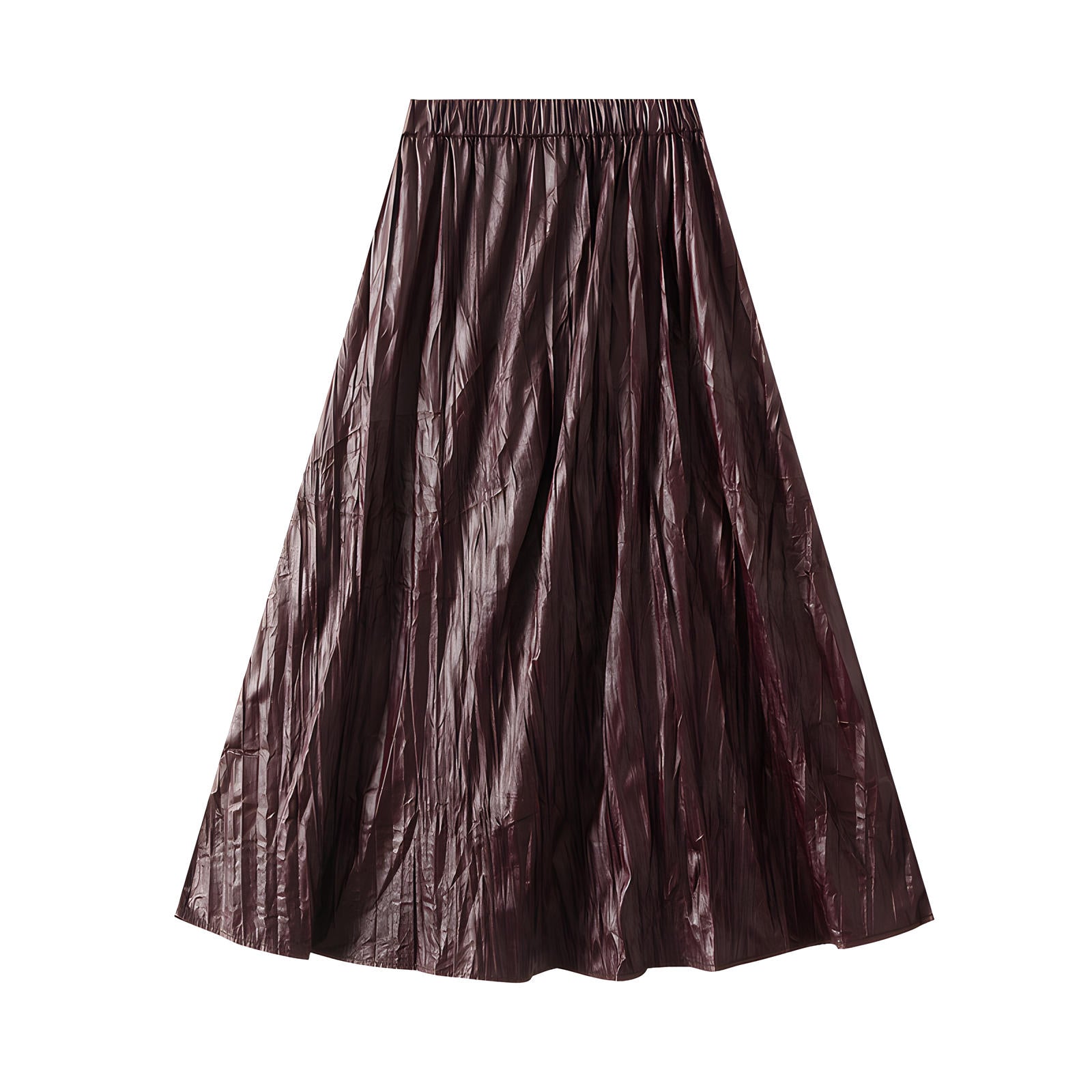 A-Line Crushed Look PU Leather Pleated Wine Red Skirt - 8912_WIN
