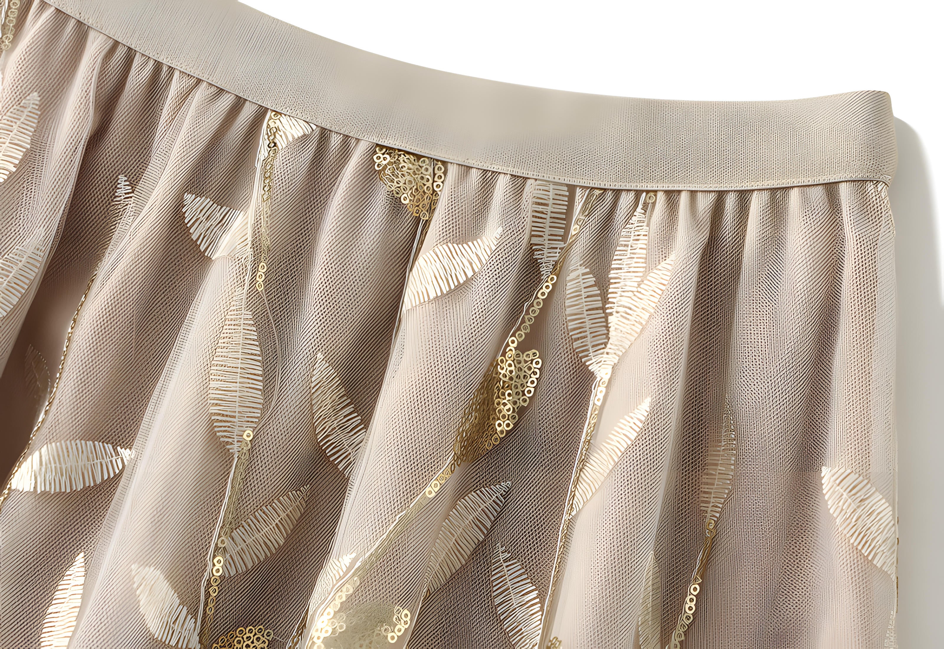 Multilayer Mesh A-Line Skirt With Glittering Leaf Embroidery - 1888_APRICOT