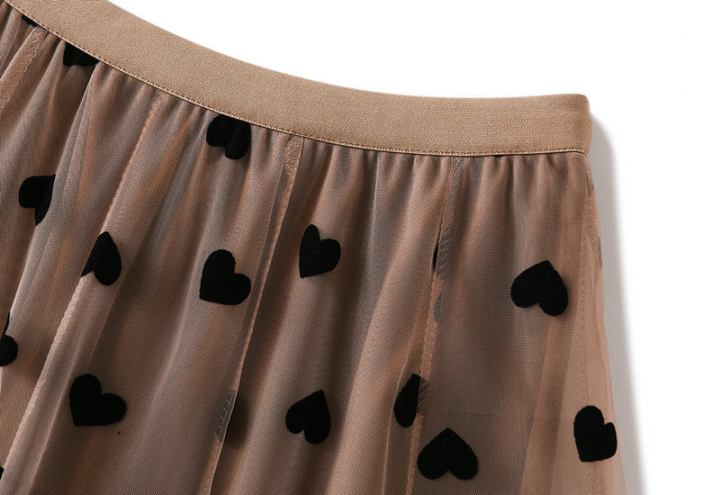 Multilayer Mesh Heart Skirt With Satin Lining - 1200_KHAKI