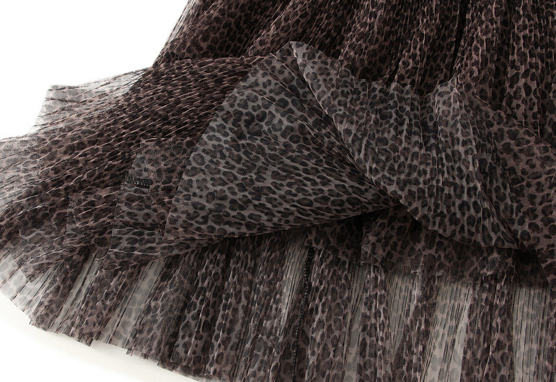 Leopard Print Multitier Mesh A-Line Brown Skirt - 5029_BROWN