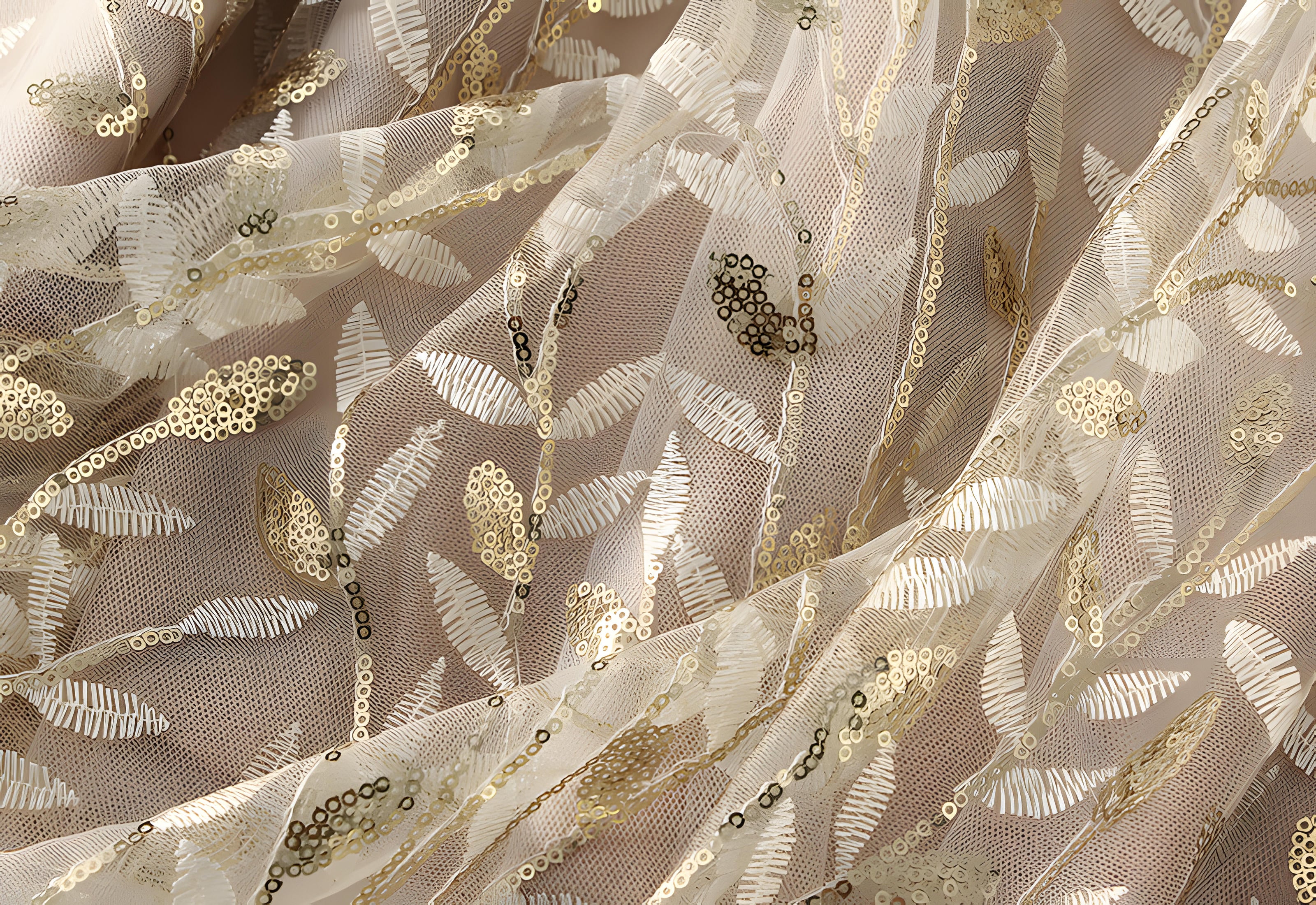 Multilayer Mesh A-Line Skirt With Glittering Leaf Embroidery - 1888_APRICOT