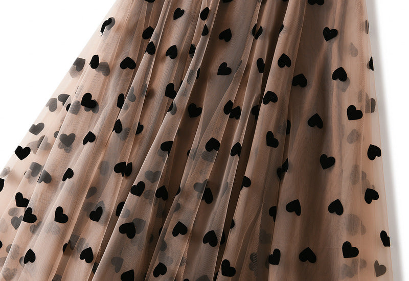 Multilayer Mesh Heart Skirt With Satin Lining - 1200_KHAKI