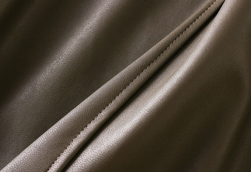A-Line PU Leather Brown Umbrella Skirt - Q801_KHAKI