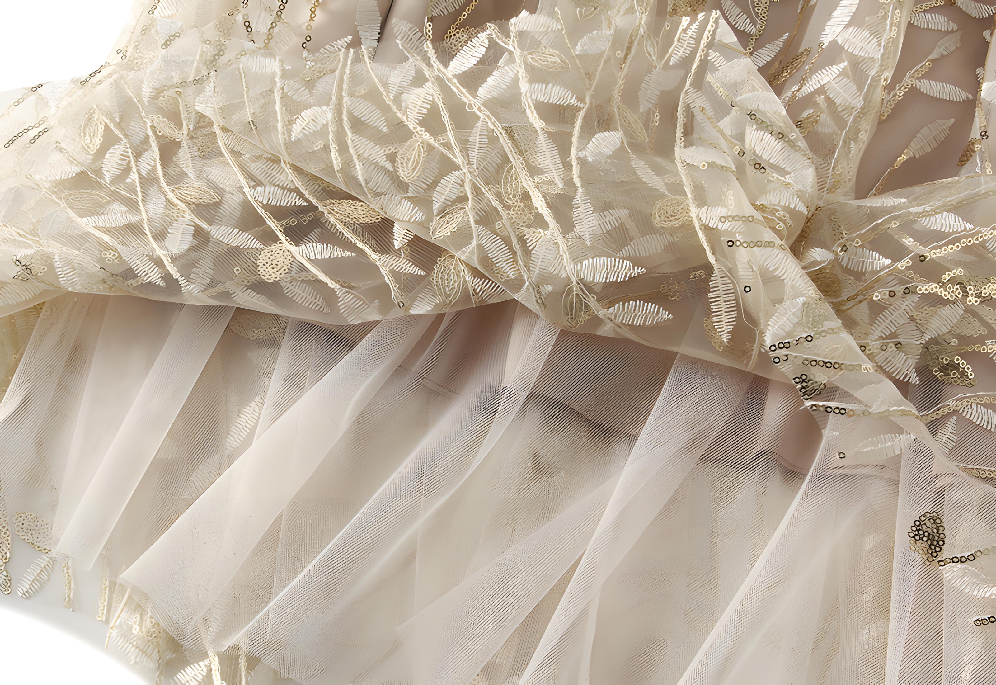 Multilayer Mesh A-Line Skirt With Glittering Leaf Embroidery - 1888_APRICOT