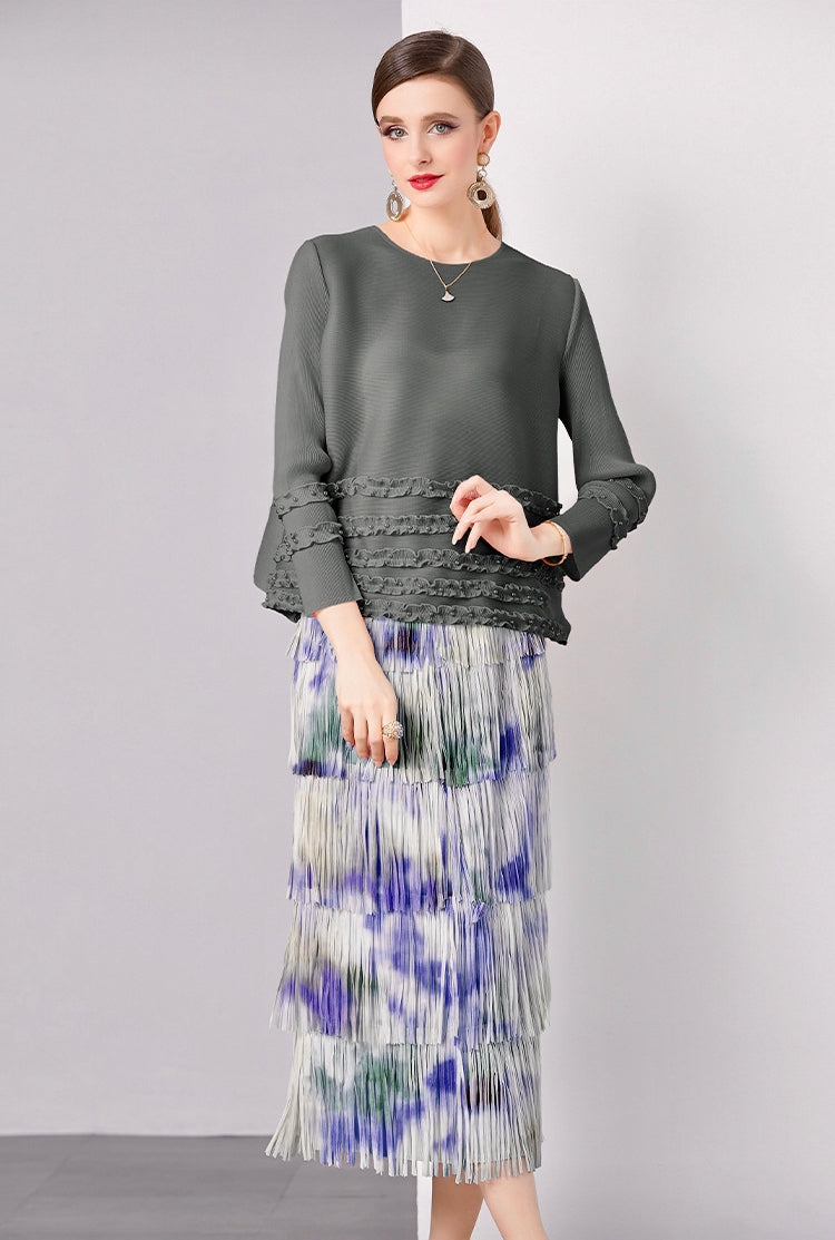 Tidal Waves Fringe Skirt With Tie And Dye Printing - 792614816517_BLU