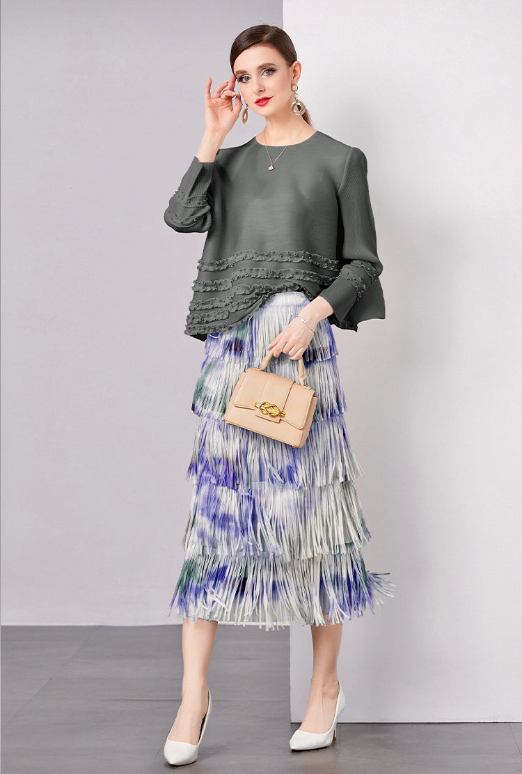 Tidal Waves Fringe Skirt With Tie And Dye Printing - 792614816517_BLU