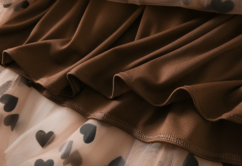 Multilayer Mesh Heart Skirt With Satin Lining - 1200_KHAKI