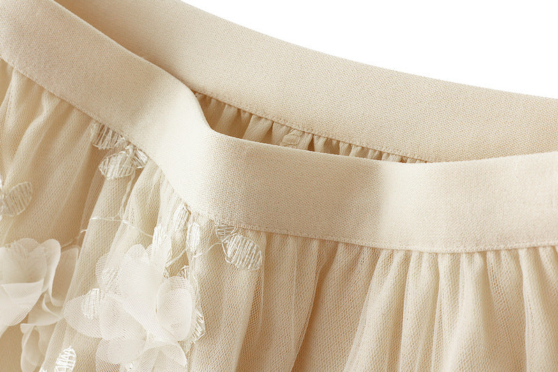 Flower Embellished and Embroidered Mesh A-Line Skirt With Satin Lining - 8692_APRICOT