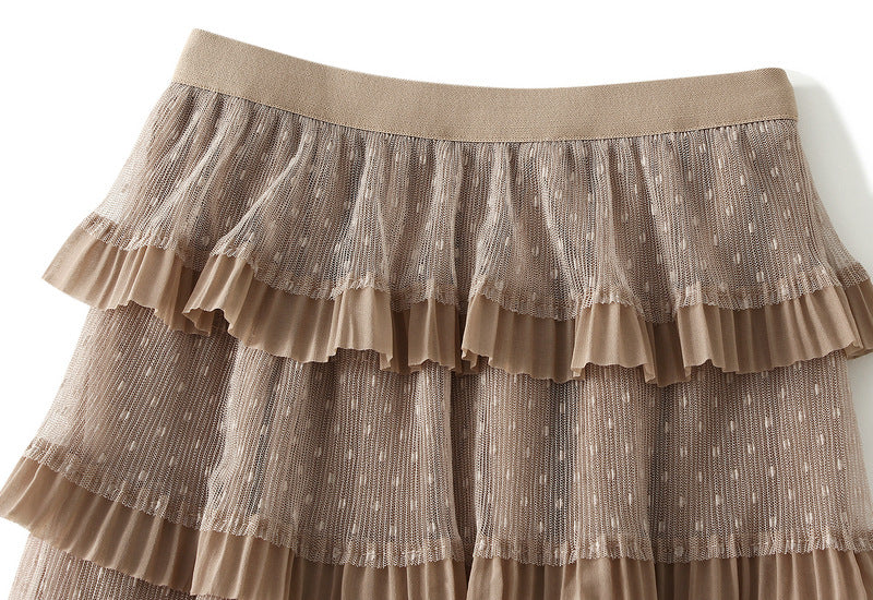 Vintage Charm Polka Dot Tiered Mesh Skirt - D808_KHAKI