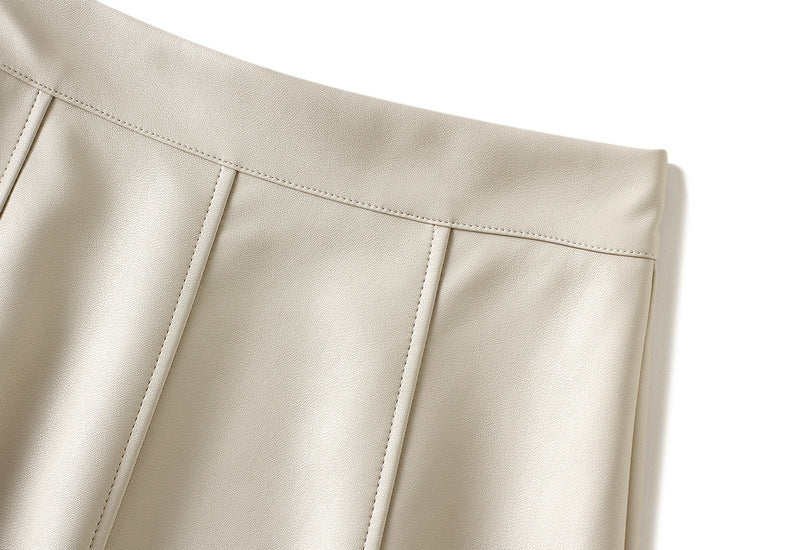 A-Line PU Leather Brown Umbrella Skirt - Q801_APRICOT