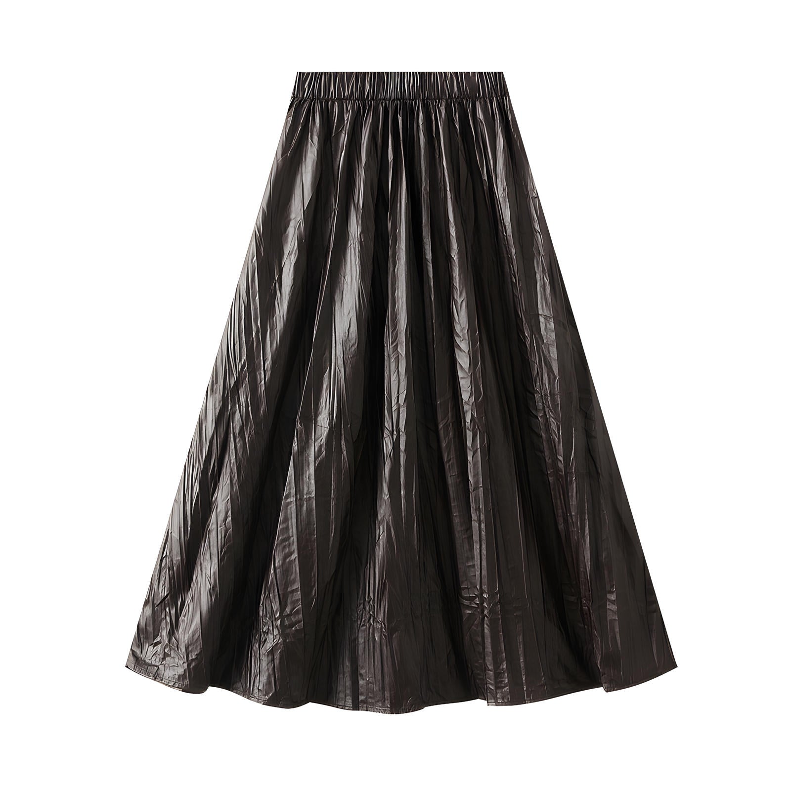 A-Line Crushed Look PU Leather Pleated Dark Brown Skirt