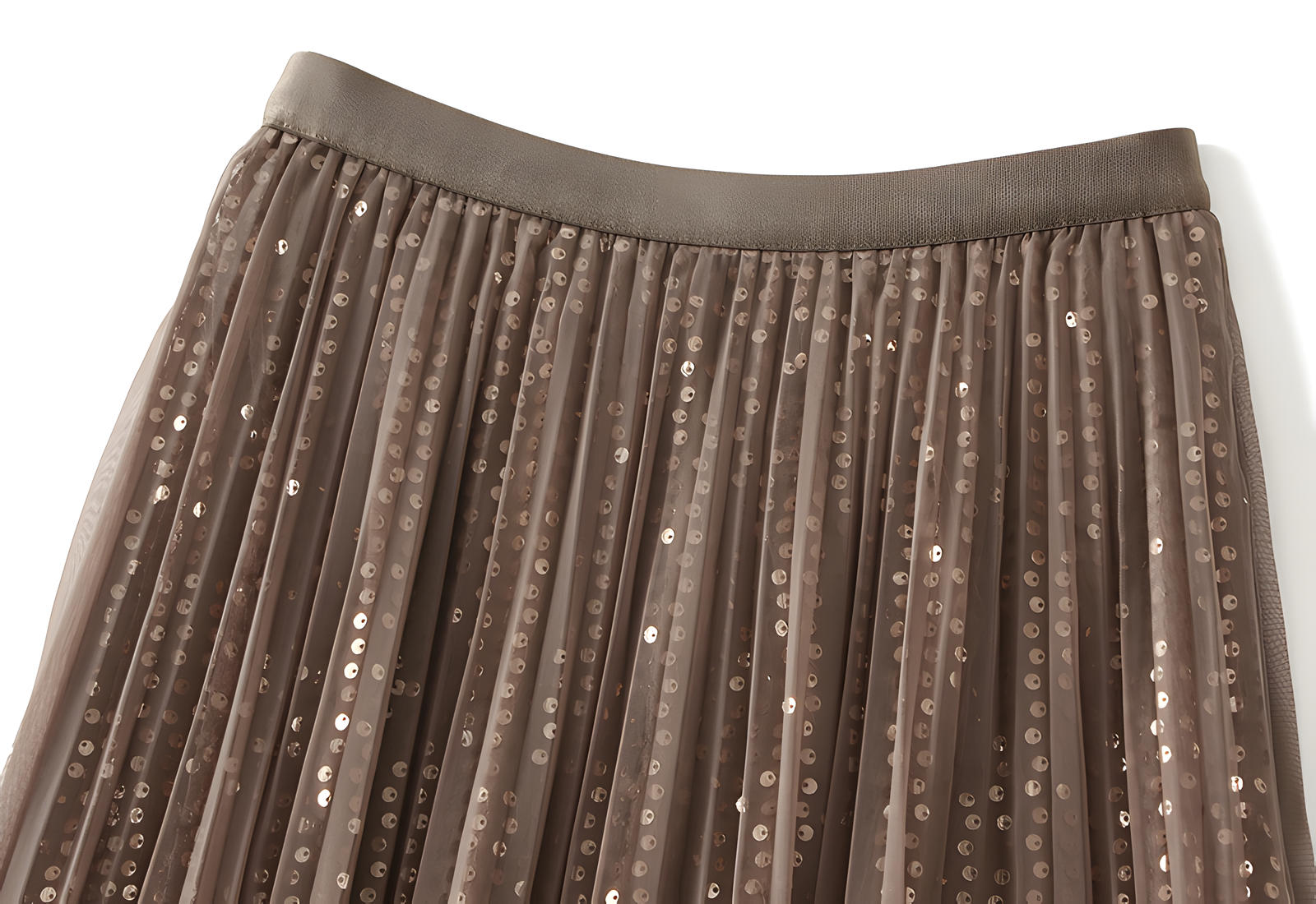 Multilayer Mesh and Sequinned A-Line Skirt with Satin Lining - K503_KHAKI